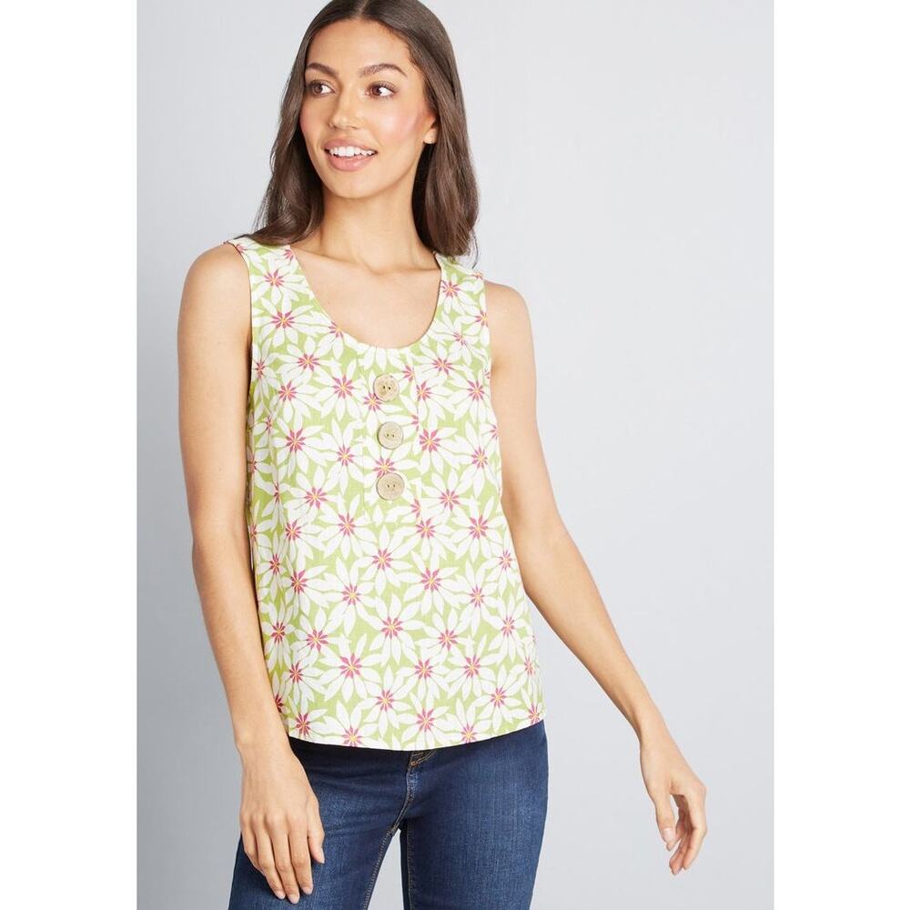 ModCloth Love Of Buttons Sleeveless Linen Top Green Floral Womens Sz XXS NWT